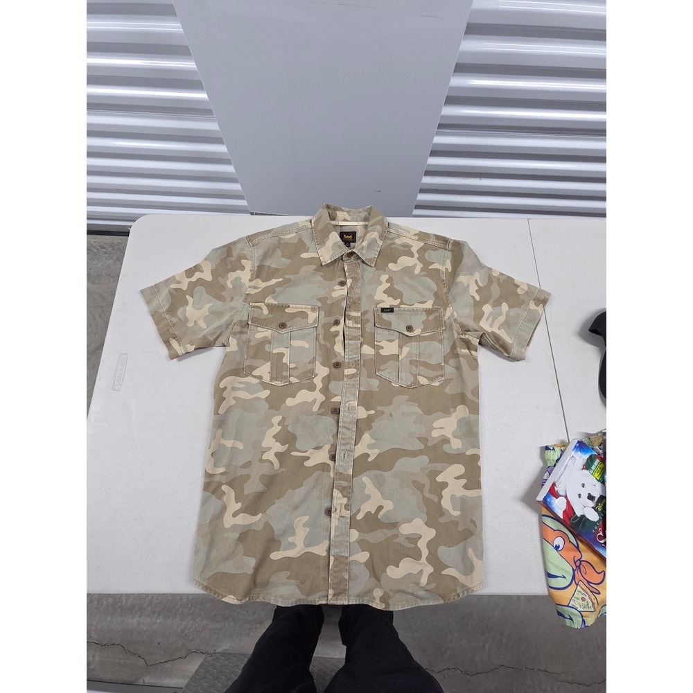 Lee Mens Camo Short Sleeve Button Down Shirt Tan Green Utility Workwear Medium
